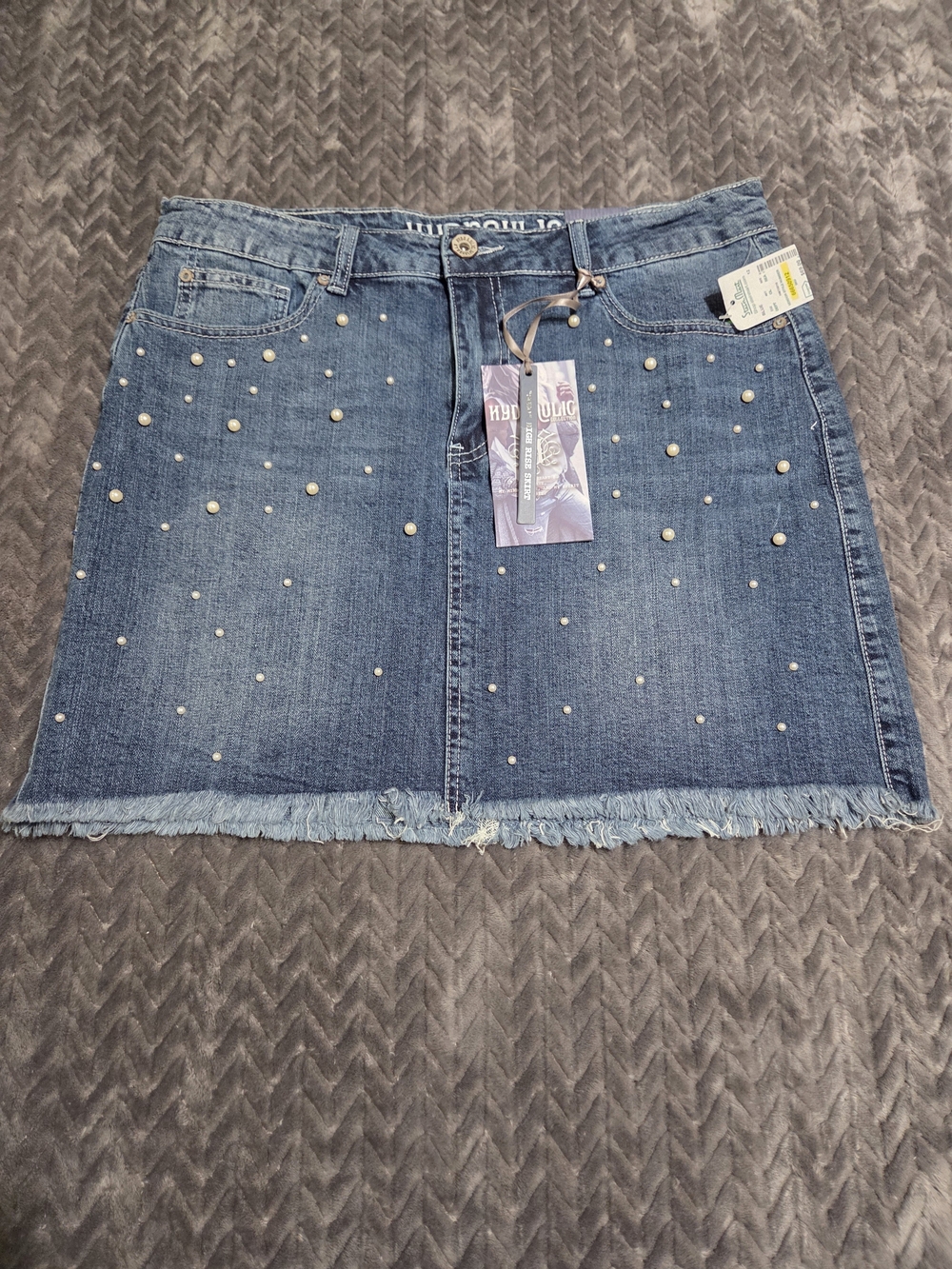 Hydraulic Pearl-Embellished Denim Mini Skirt - Blue